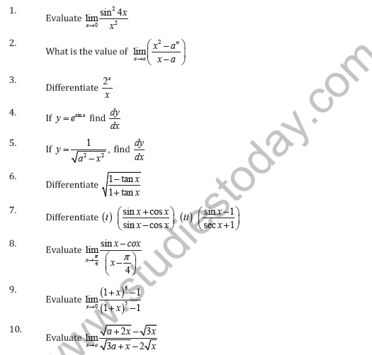 CBSE Class 11 Limits And Derivative Worksheet B